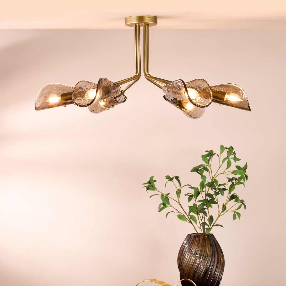 Ordelle Semi Flush Ceiling Light  in Antique Bronze with Tea Smoked Glass Shades