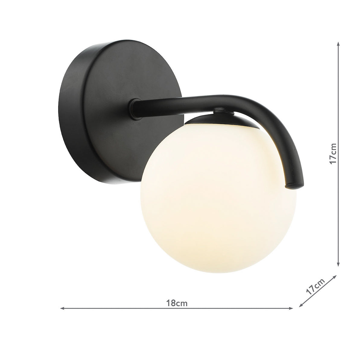 Black wall sconce with a spherical white glass shade, showing dimensions of 18cm width and 17cm height.