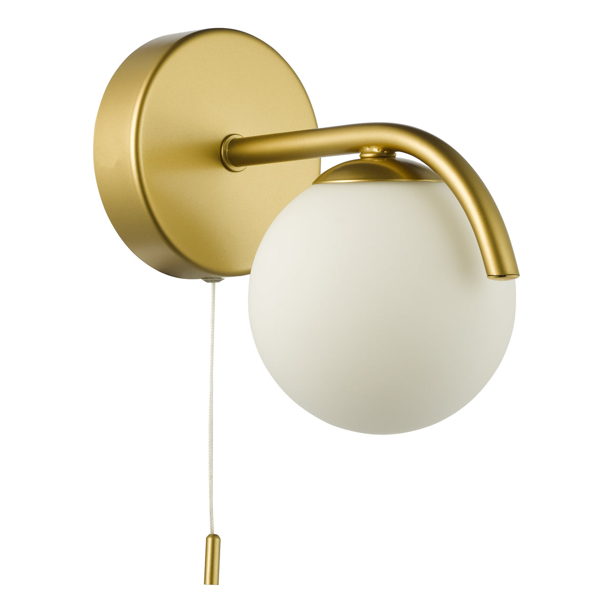 Gold wall light with a white spherical shade and a pull cord switch
