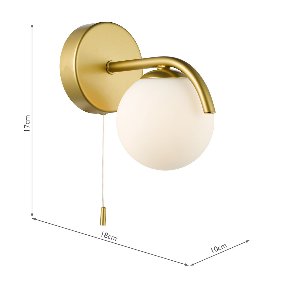 Gold wall light with a spherical white glass shade and a pull cord switch, dimensions 17cm by 18cm by 10cm