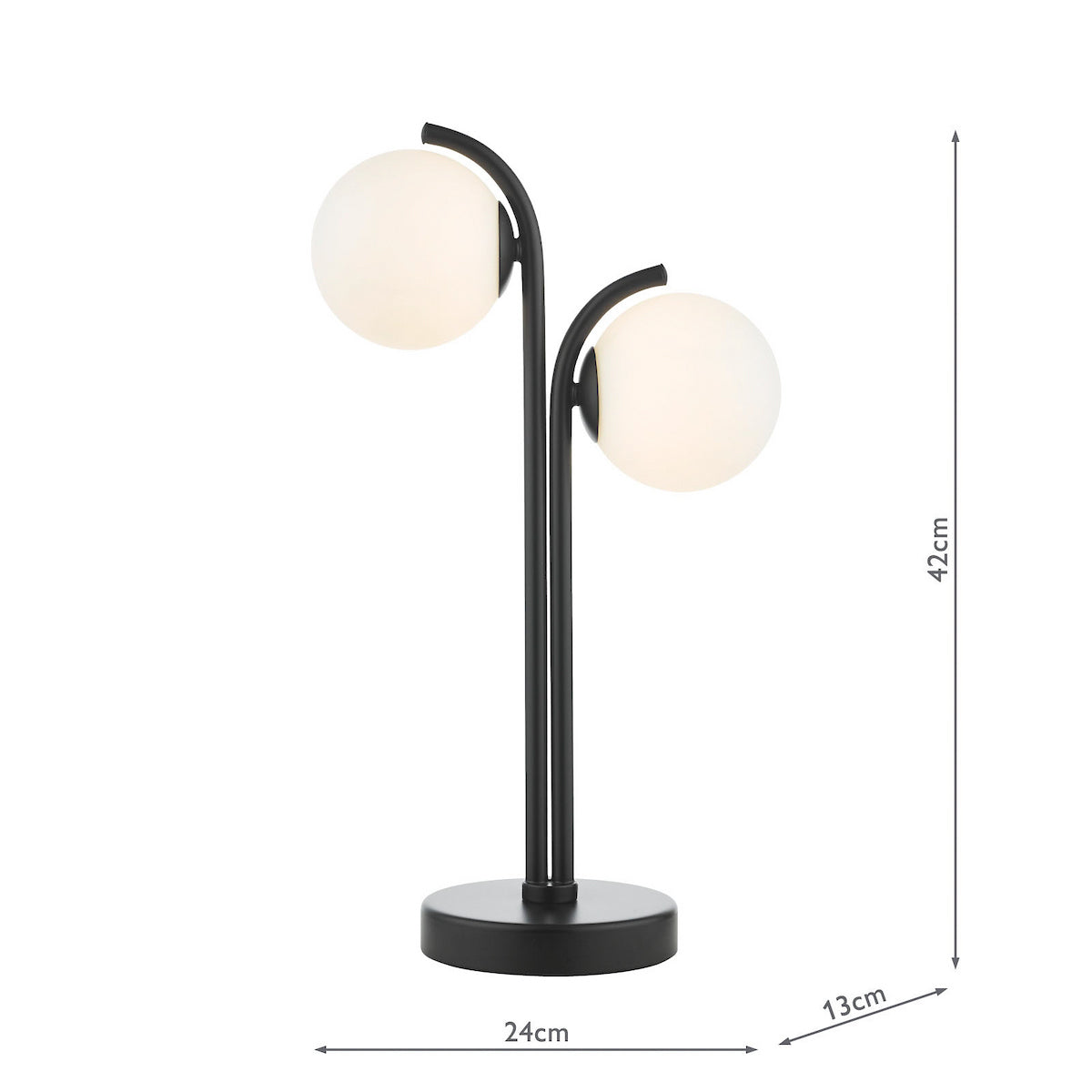 Black table lamp with two white globe lights, 42cm tall, 24cm wide, 13cm deep.