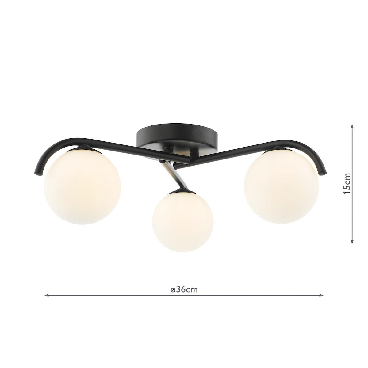 Black ceiling light with three white globe shades and dimensions.