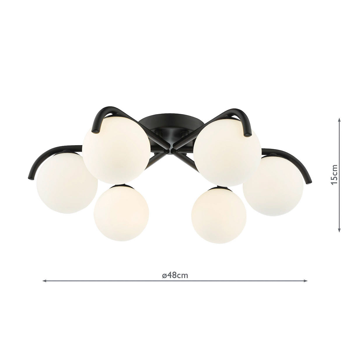 Black ceiling light with six white globe shades, showing dimensions of 48cm diameter and 15cm height.