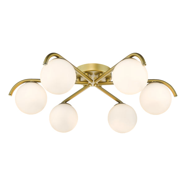 Brass ceiling light with six white globe shades