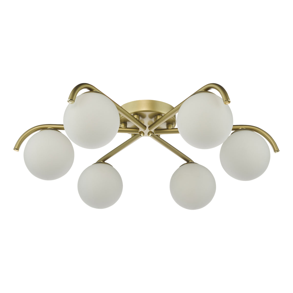 Brass ceiling light with six white globe shades
