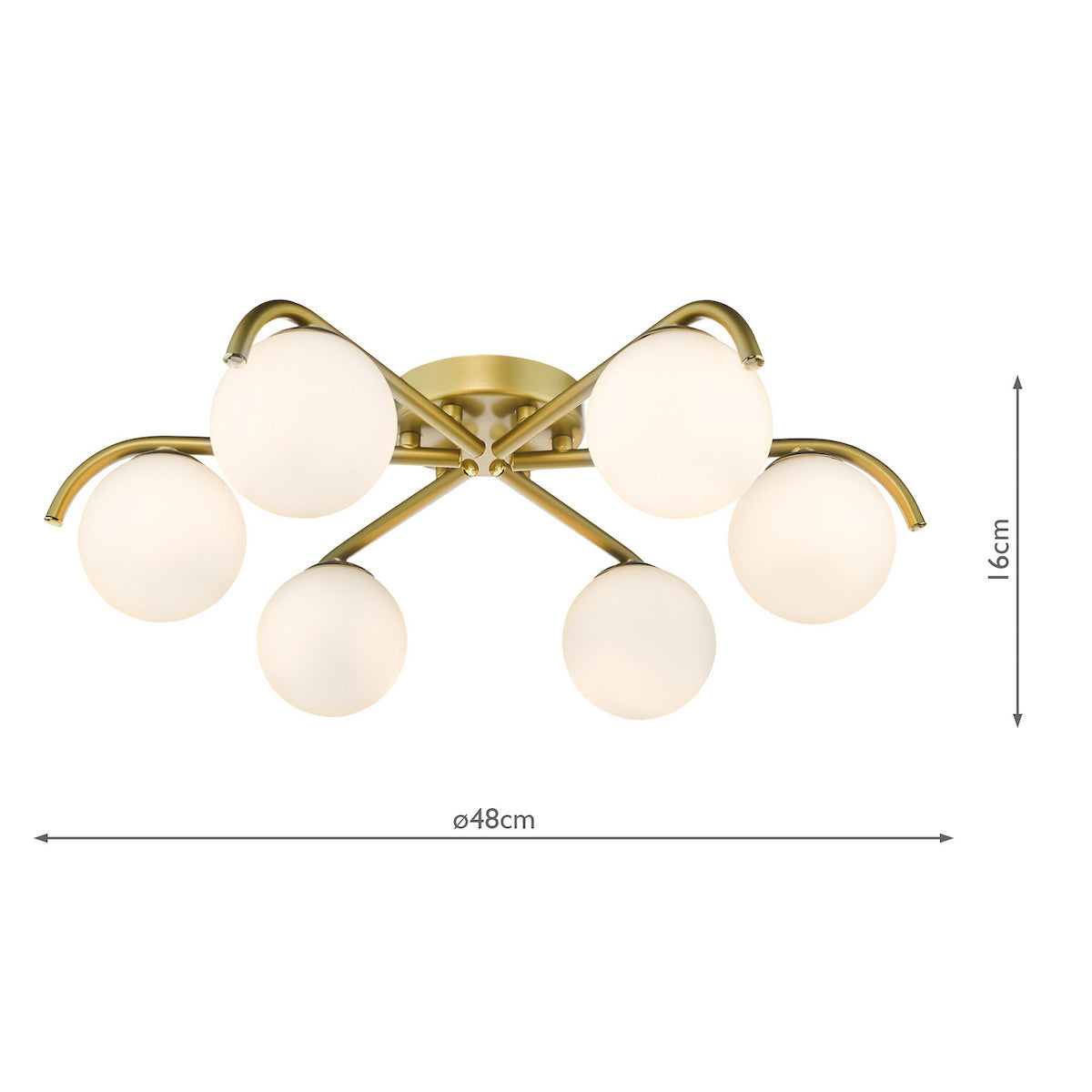 Six light ceiling fitting with a brass frame and spherical opal glass shades