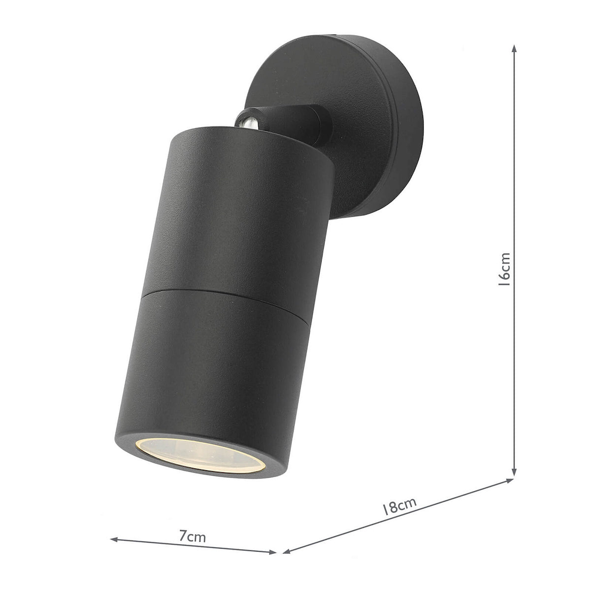 Black cylindrical wall light with a round base, dimensions 16cm high, 18cm deep, and 7cm wide.
