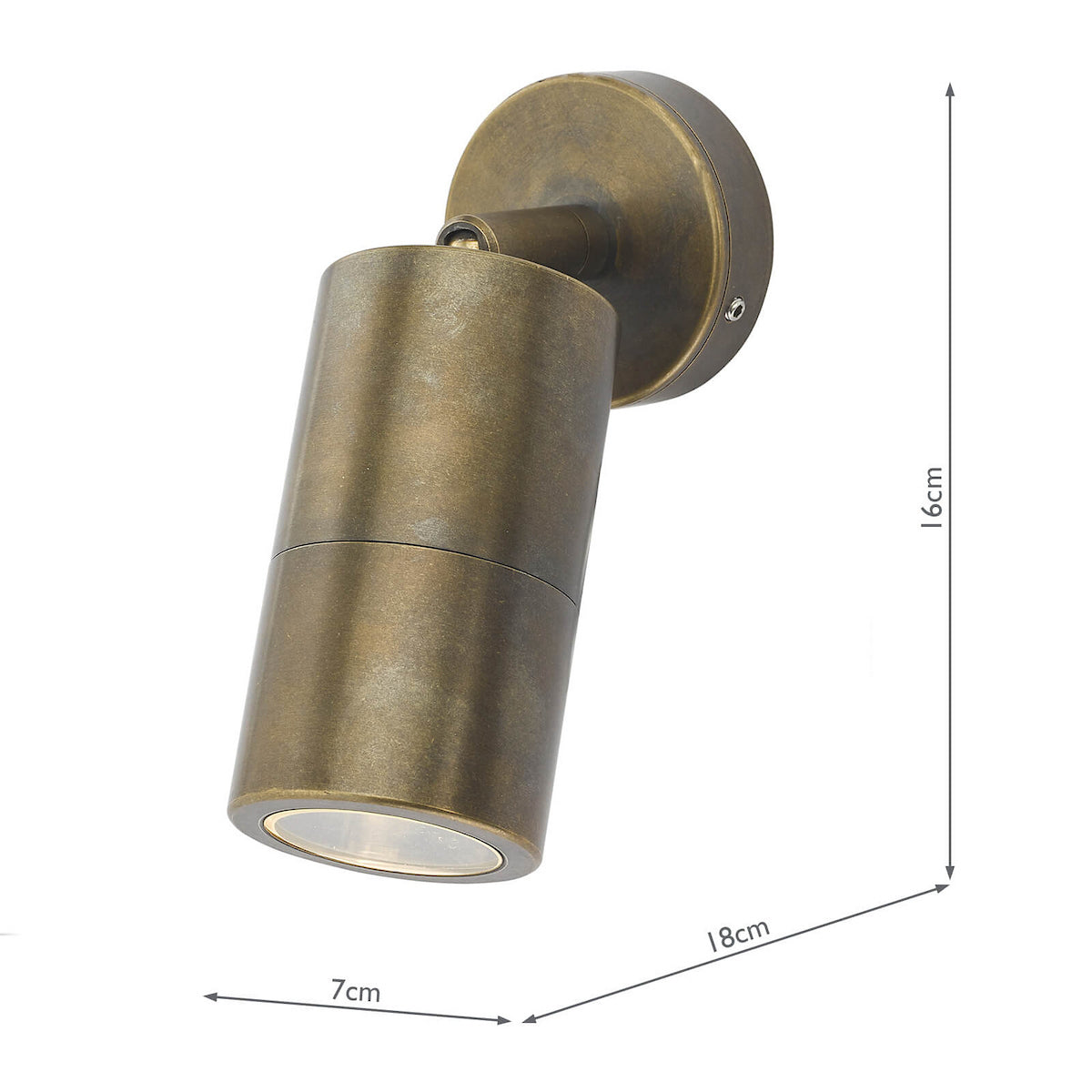 Bronze cylindrical wall light with a round base, showing dimensions of 16cm, 18cm, and 7cm.