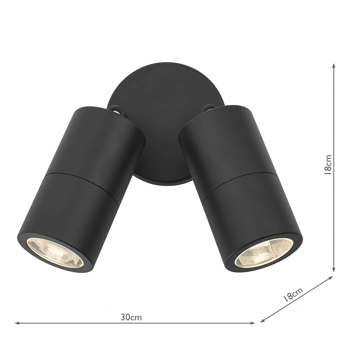 Black double spotlight with two cylindrical lights angled downwards, showing dimensions of 30cm width and 18cm height.