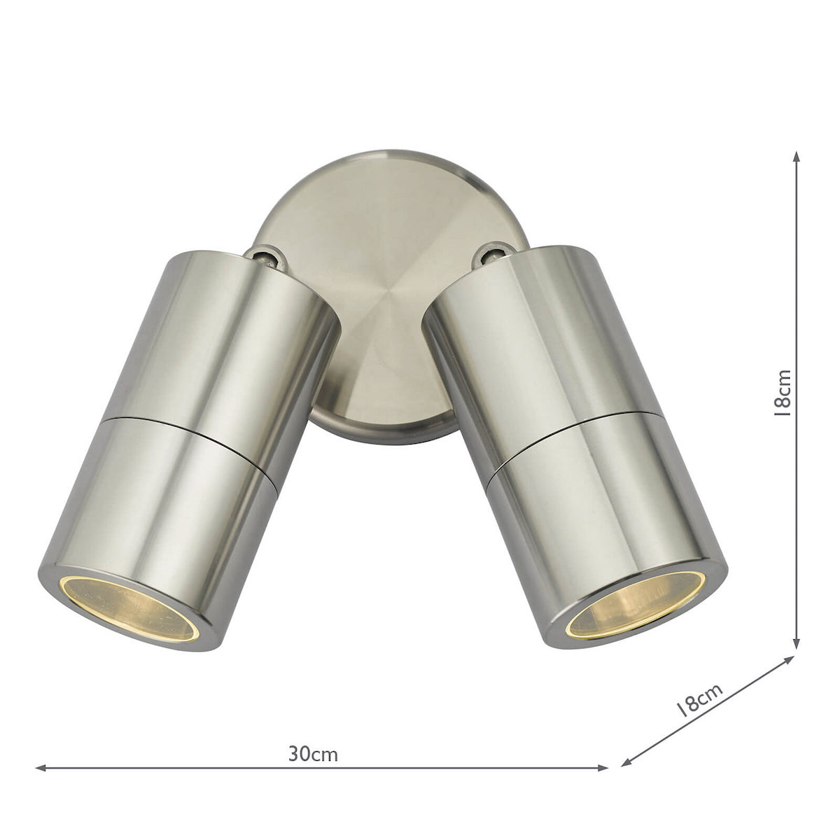 Brushed stainless steel twin outdoor wall light with two adjustable cylindrical heads, dimensions shown.