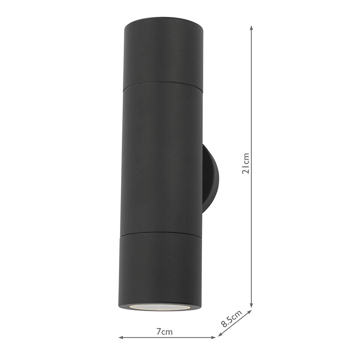 Black cylindrical outdoor wall light with up and down illumination, showing dimensions of 21cm height, 7cm width, and 8.5cm depth.
