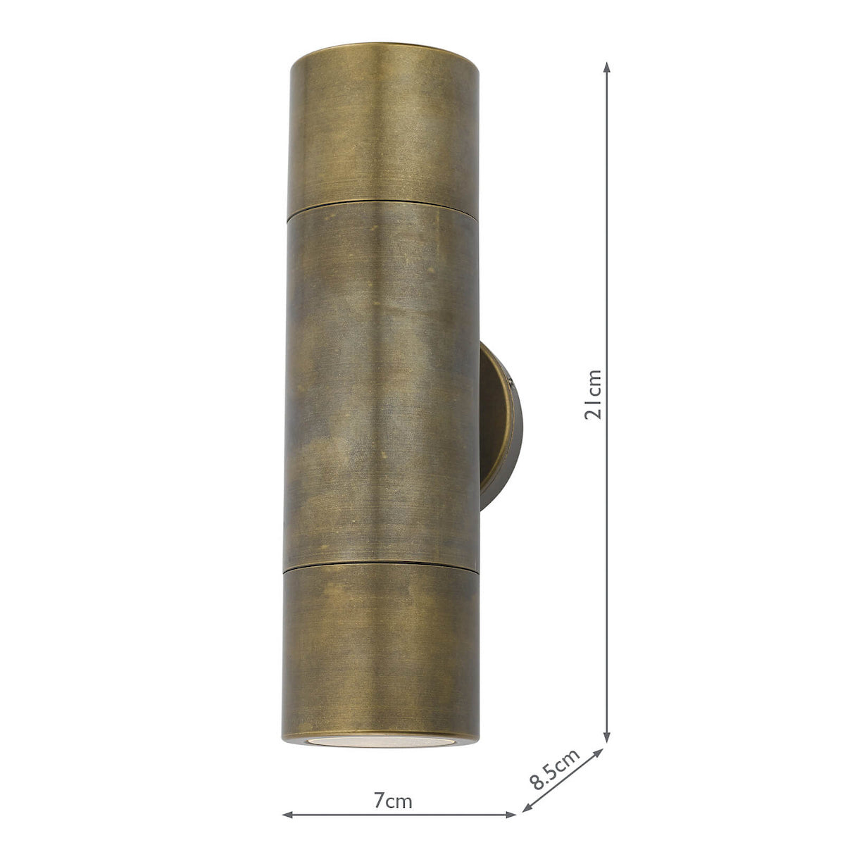 A cylindrical bronze outdoor wall light with dimensions of 21cm high, 7cm wide, and 8.5cm deep.