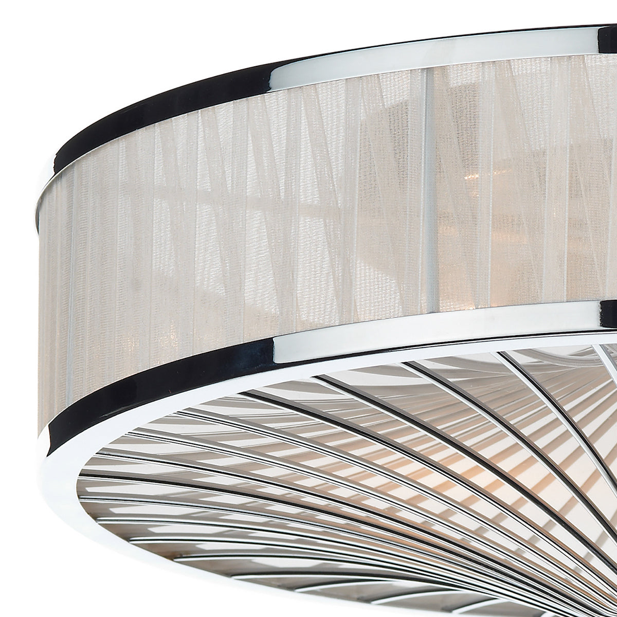 Close-up of a modern ceiling light with a sheer white fabric shade and chrome accents.