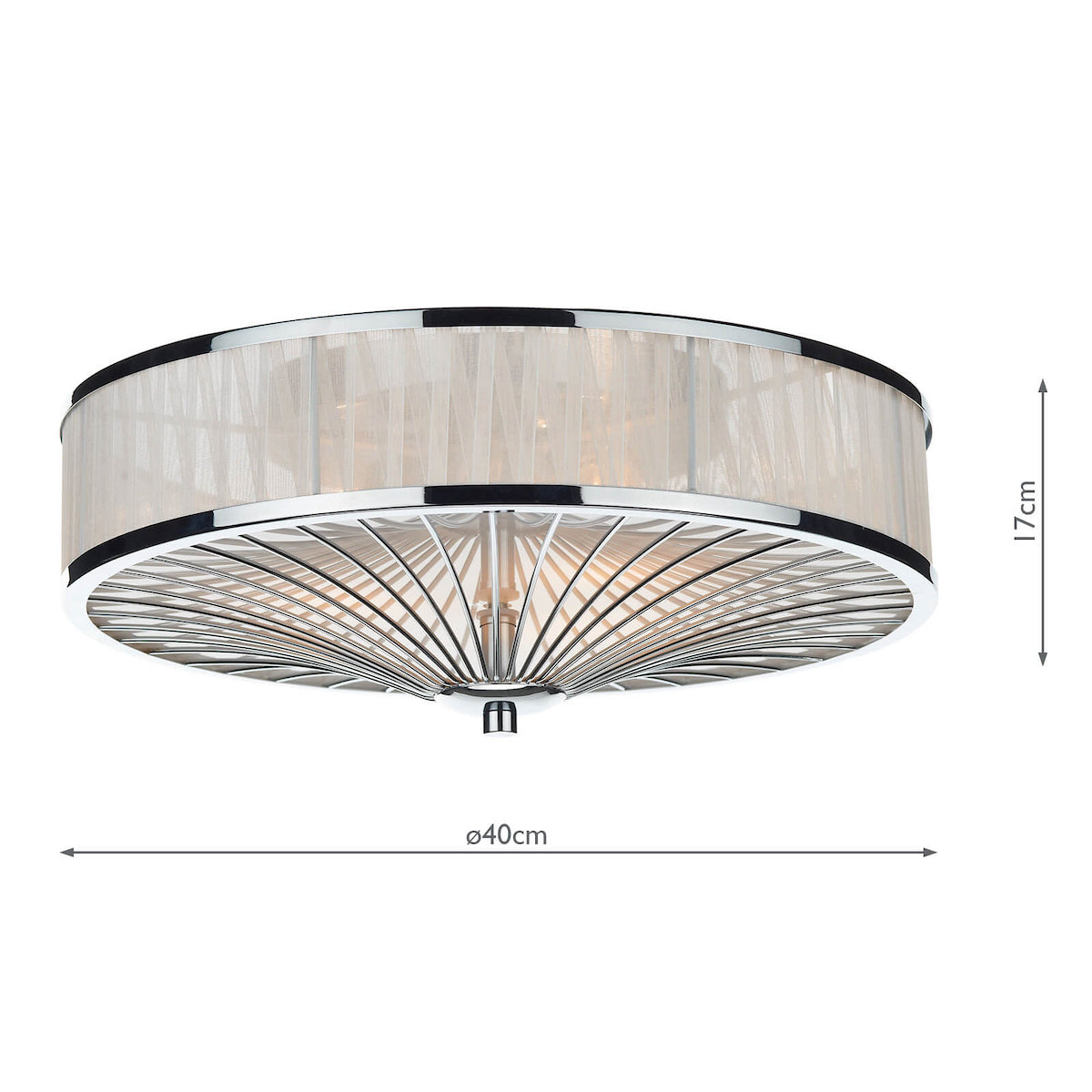 Round ceiling light with a sheer fabric shade and chrome-plated metal accents.