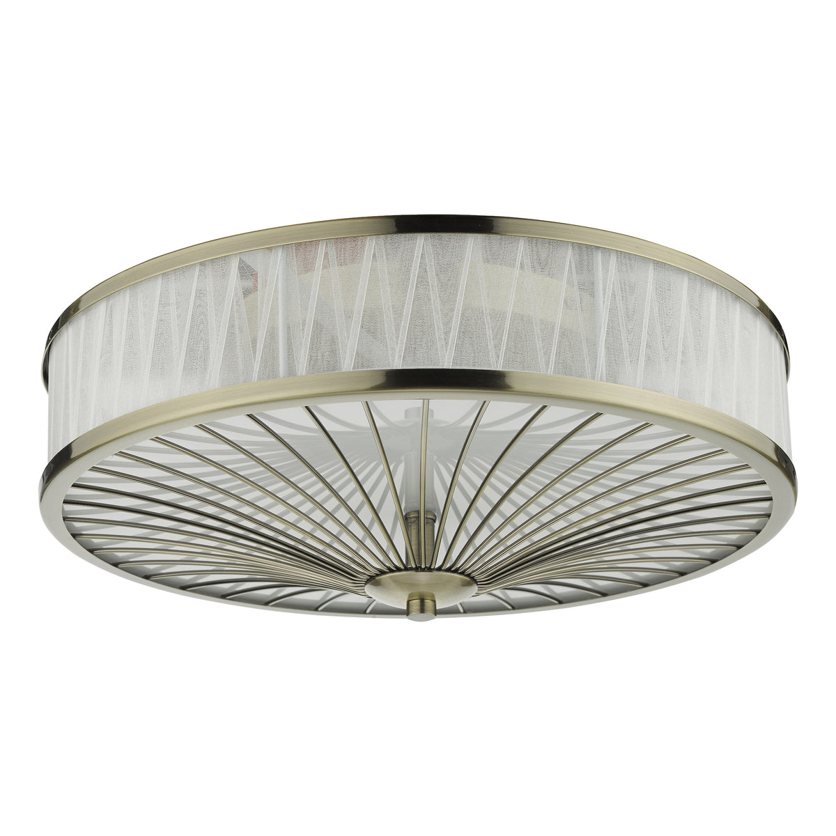 Round ceiling light with a bronze frame, white mesh shade, and a bottom diffuser with radiating bronze spokes