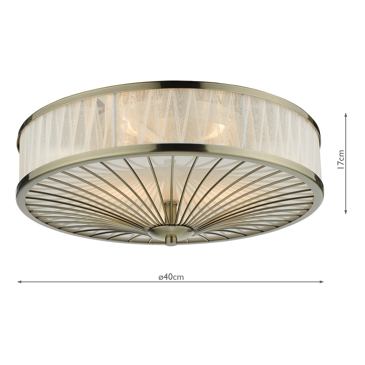 Round ceiling light with an antique brass frame, a sheer pleated fabric shade, and a decorative metal base