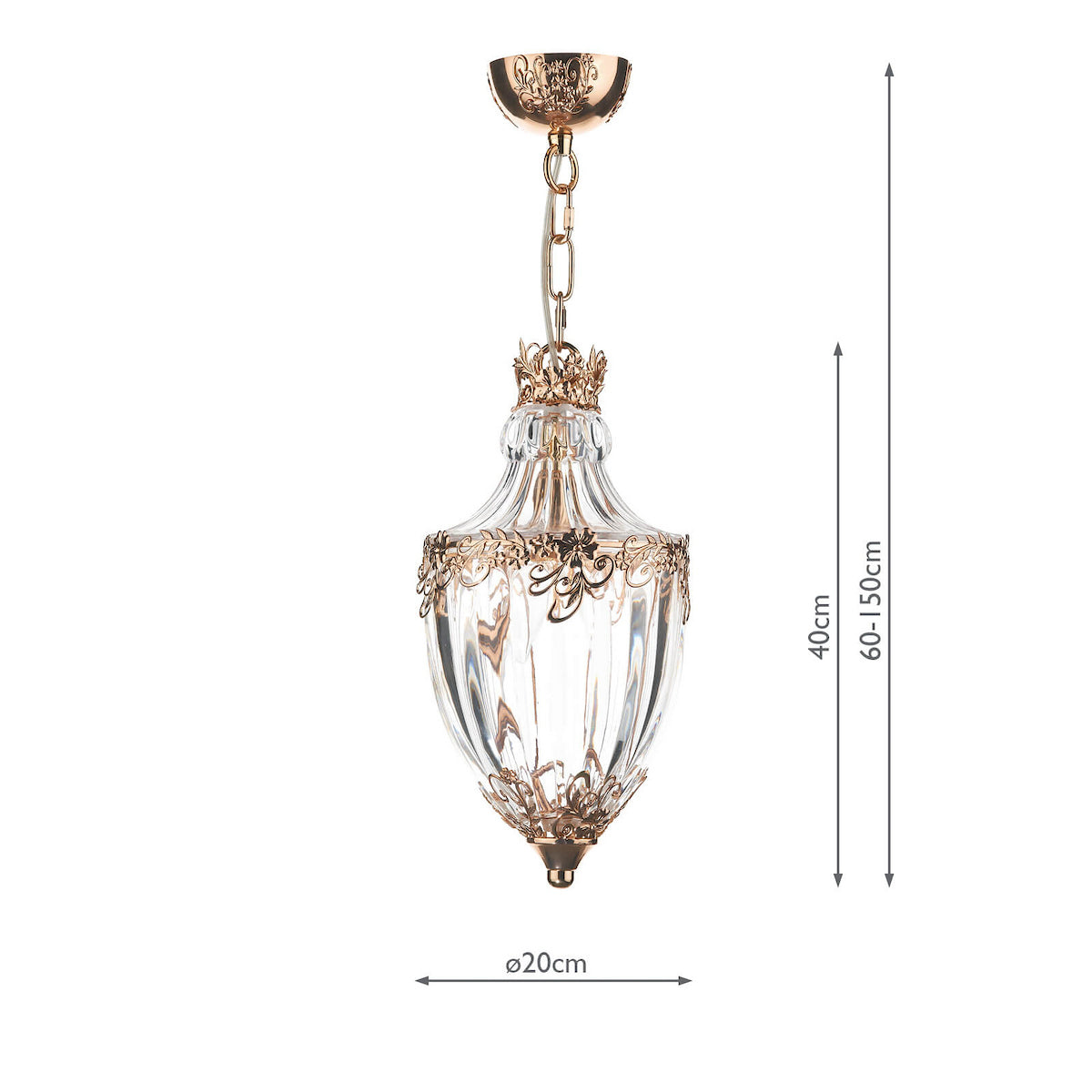 Elegant gold and clear glass pendant light with ornate floral details and dimensions.