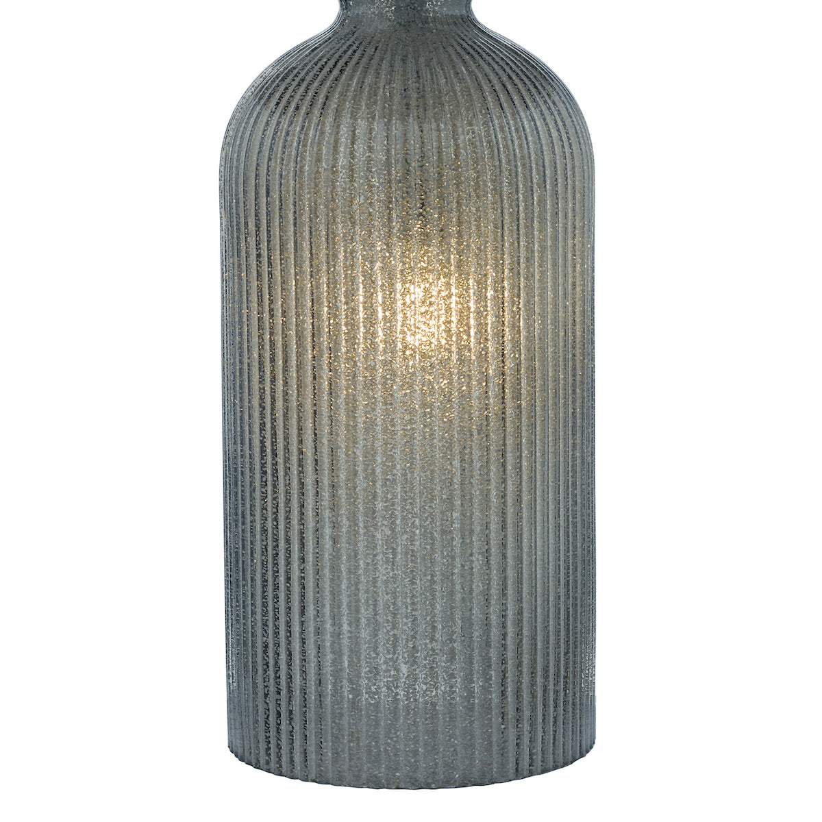 Textured glass lamp with vertical ridges and a warm glow from within.