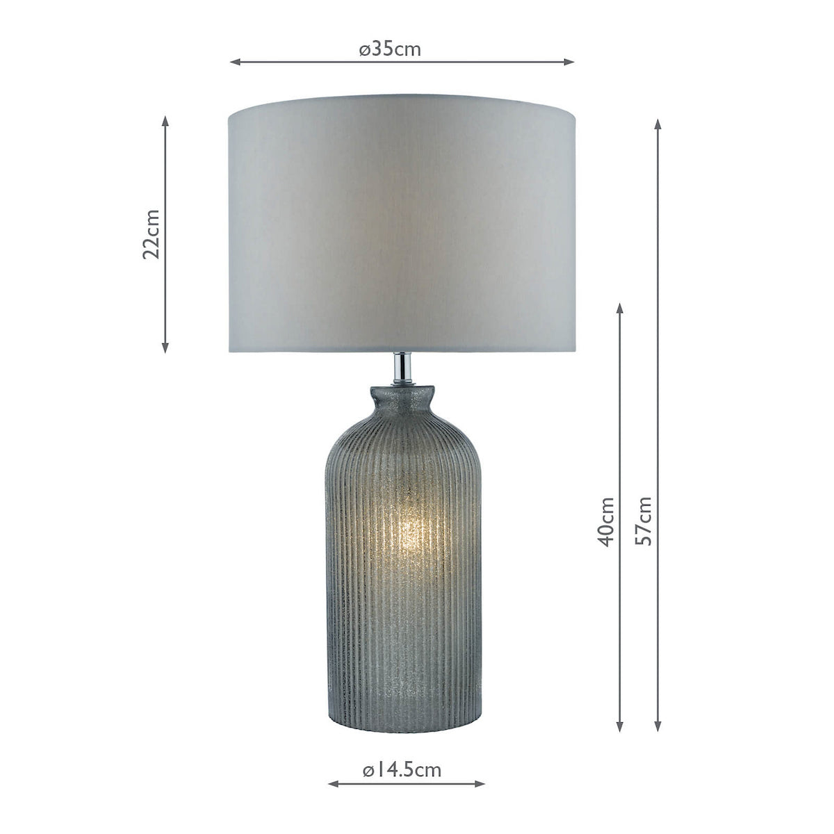 Grey ribbed glass table lamp with a white shade and dimensions.