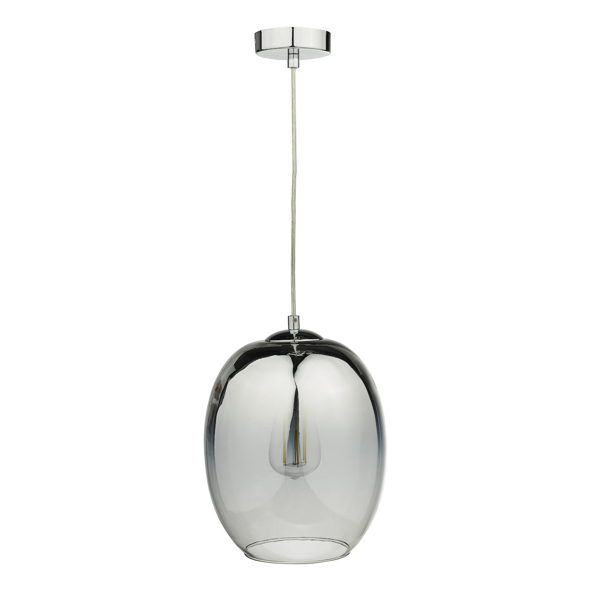 Chrome pendant light with a smoked glass shade, revealing a filament bulb inside.
