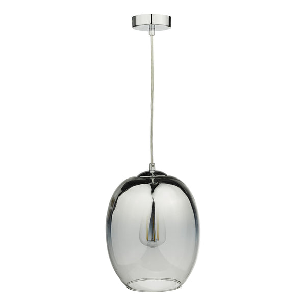 Chrome pendant light with a smoked glass shade, revealing a filament bulb inside.