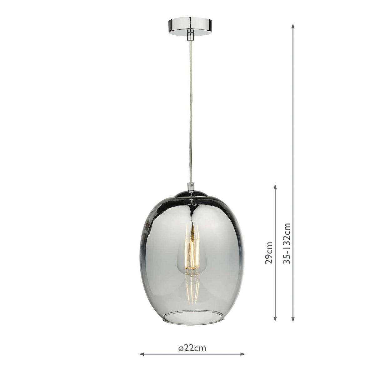 Smoked glass pendant light with a chrome ceiling rose and an exposed filament bulb.