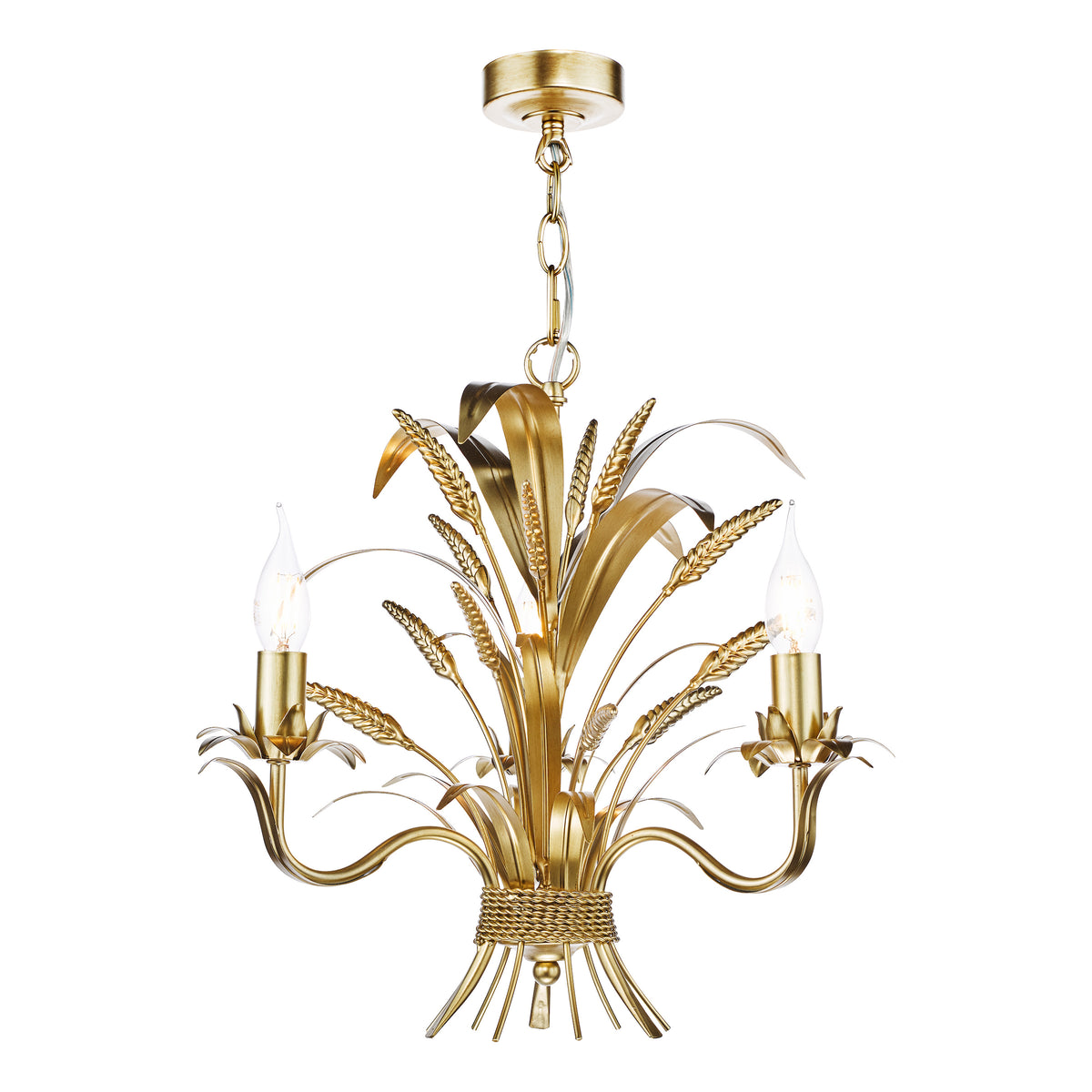 Gold chandelier with two exposed bulbs and decorative wheat sheaf design