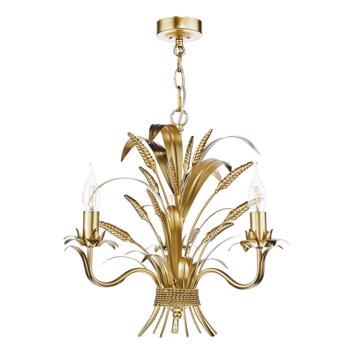 Gold chandelier with two exposed bulbs and wheat sheaf design