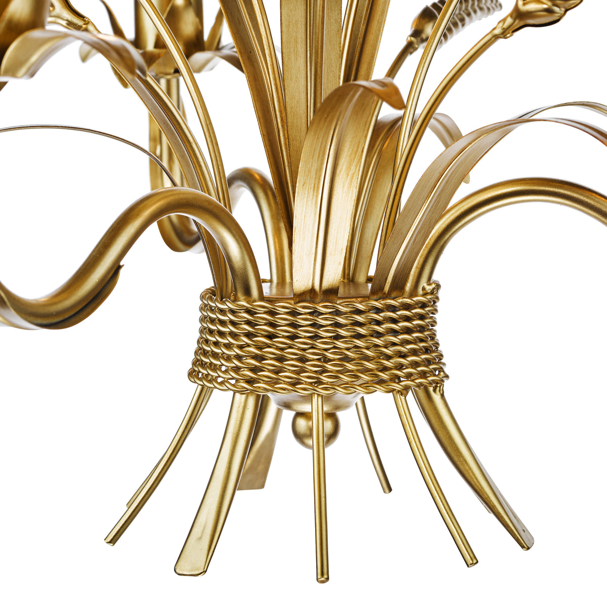 Close-up of a gold chandelier base with twisted metal details and leaf-like arms