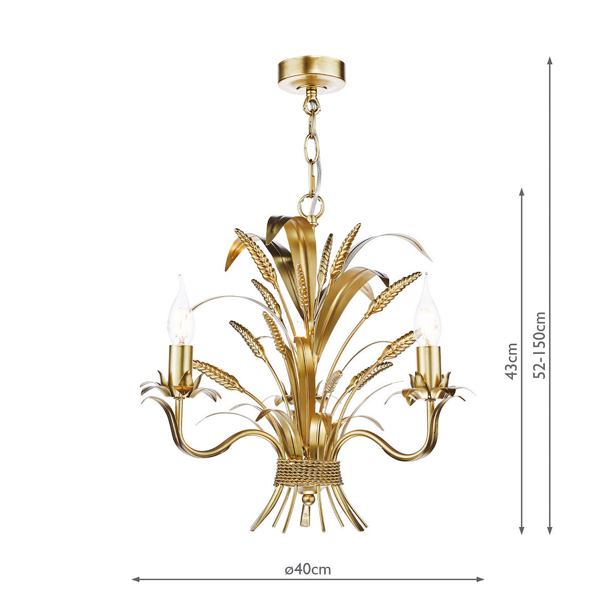 Gold chandelier with two lights and wheat sheaf design, with dimensions 43cm height and 40cm diameter