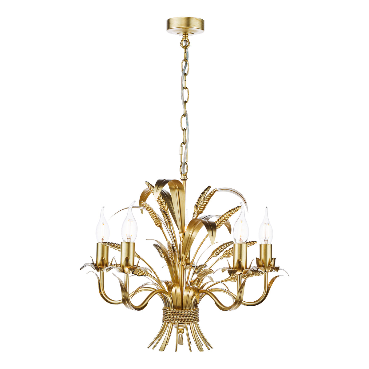Gold chandelier with five candle-style bulbs and decorative wheat sheaf design
