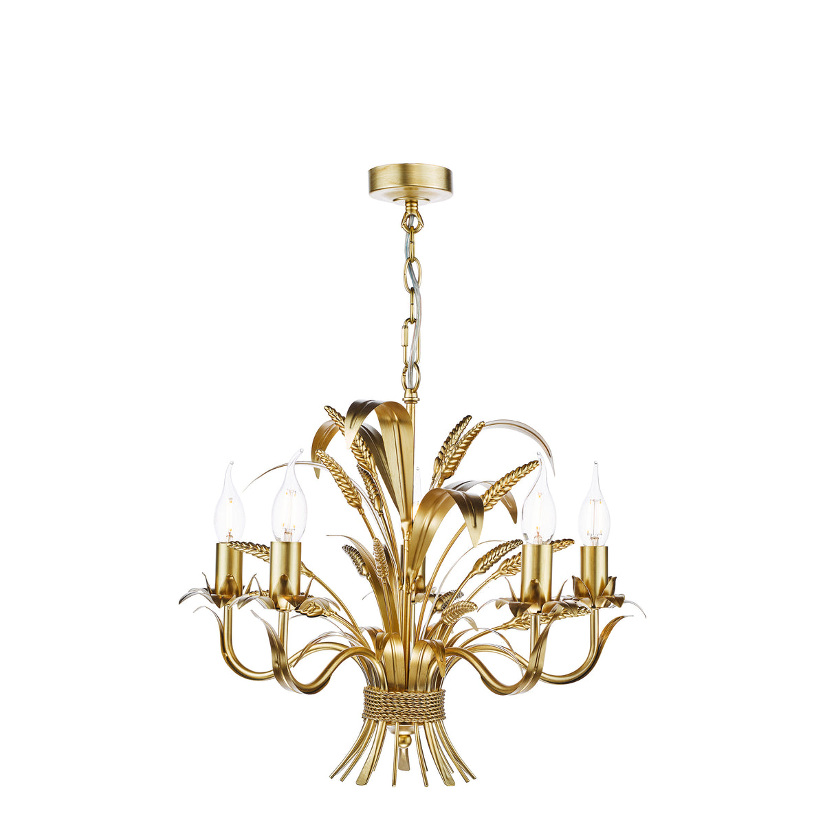 Gold chandelier with five candle-style bulbs and wheat stalk accents