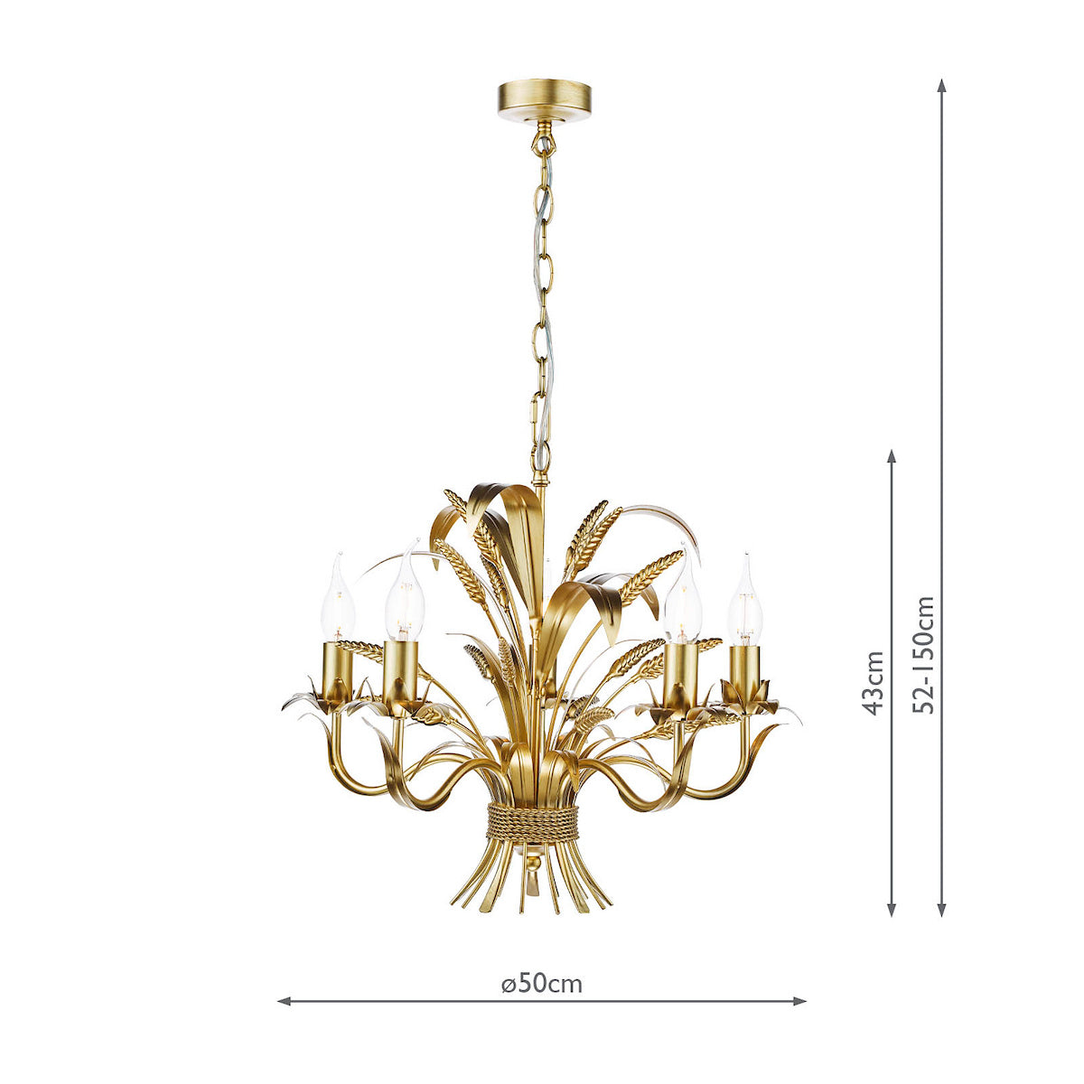 Gold chandelier with five candle-style bulbs and decorative wheat sheaf design