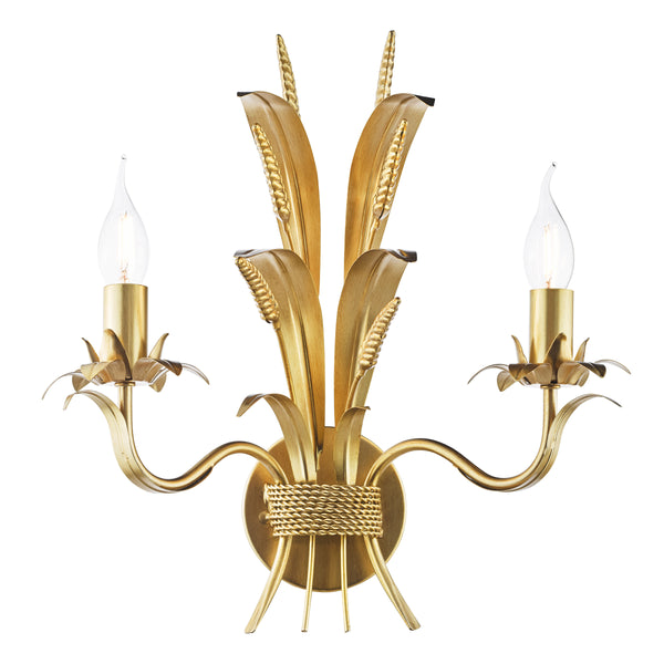 Gold wall sconce with two candle-style bulbs and wheat stalk design