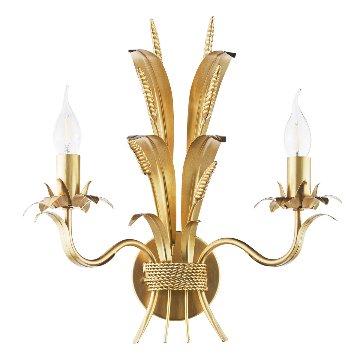 Gold wall sconce with two candle-style bulbs and wheat stalk design