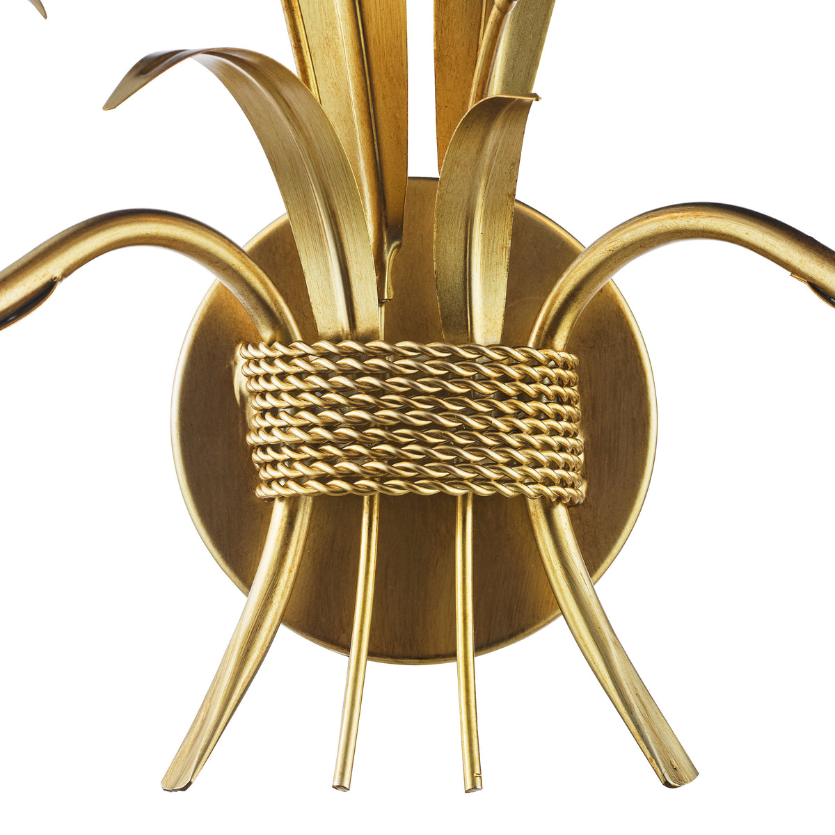 Gold metal wall sconce with a circular base, wrapped with a braided rope design, and curved leaf-like arms