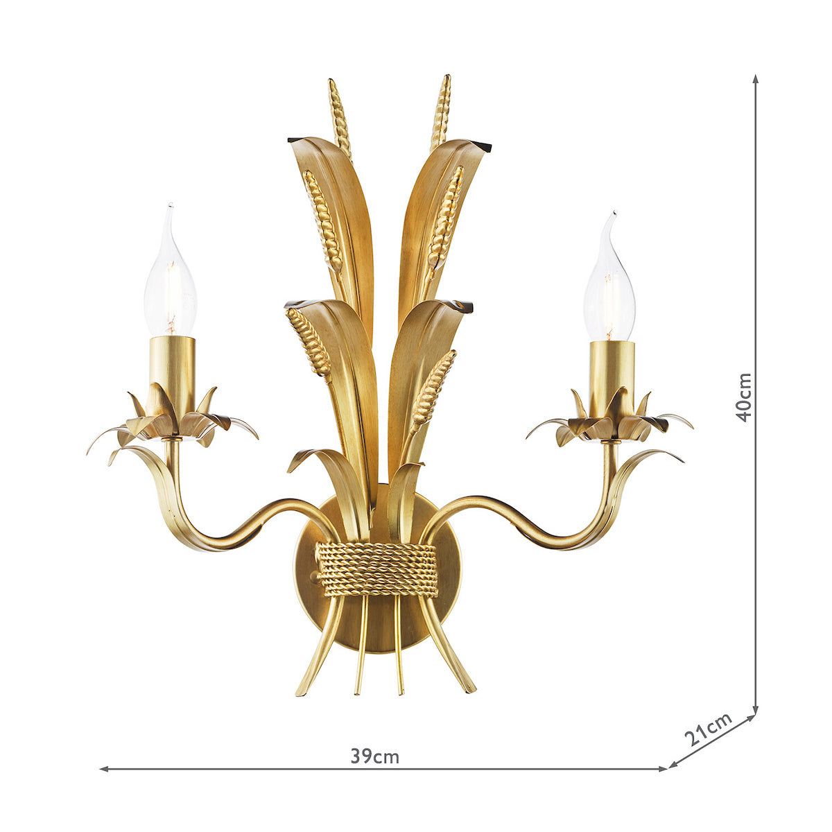 Gold wall sconce with two candle-style bulbs and wheat sheaf design, dimensions 40cm by 39cm by 21cm