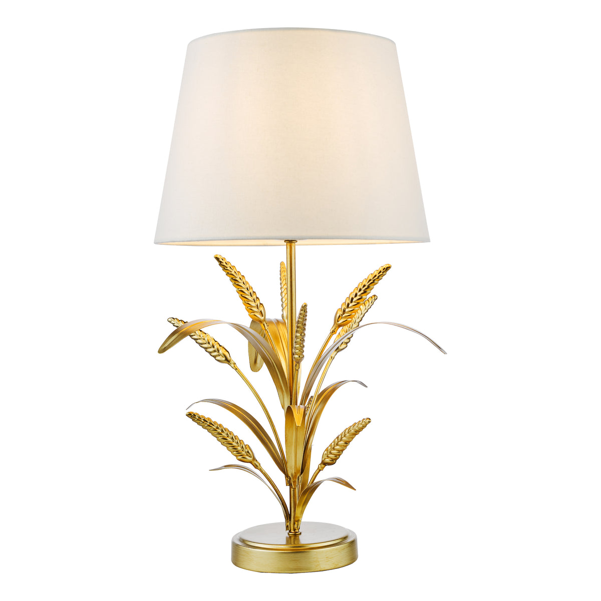 Gold table lamp with a white shade and a base shaped like wheat stalks