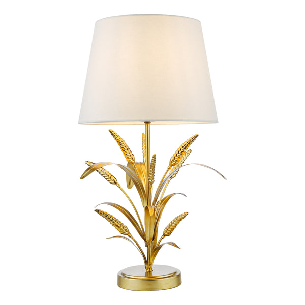 Gold table lamp with a white shade and a base shaped like wheat stalks
