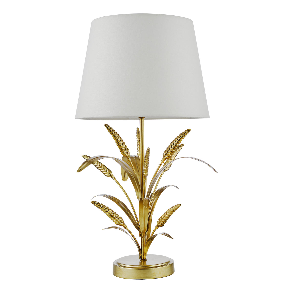 Gold table lamp with a white shade and a base shaped like wheat stalks