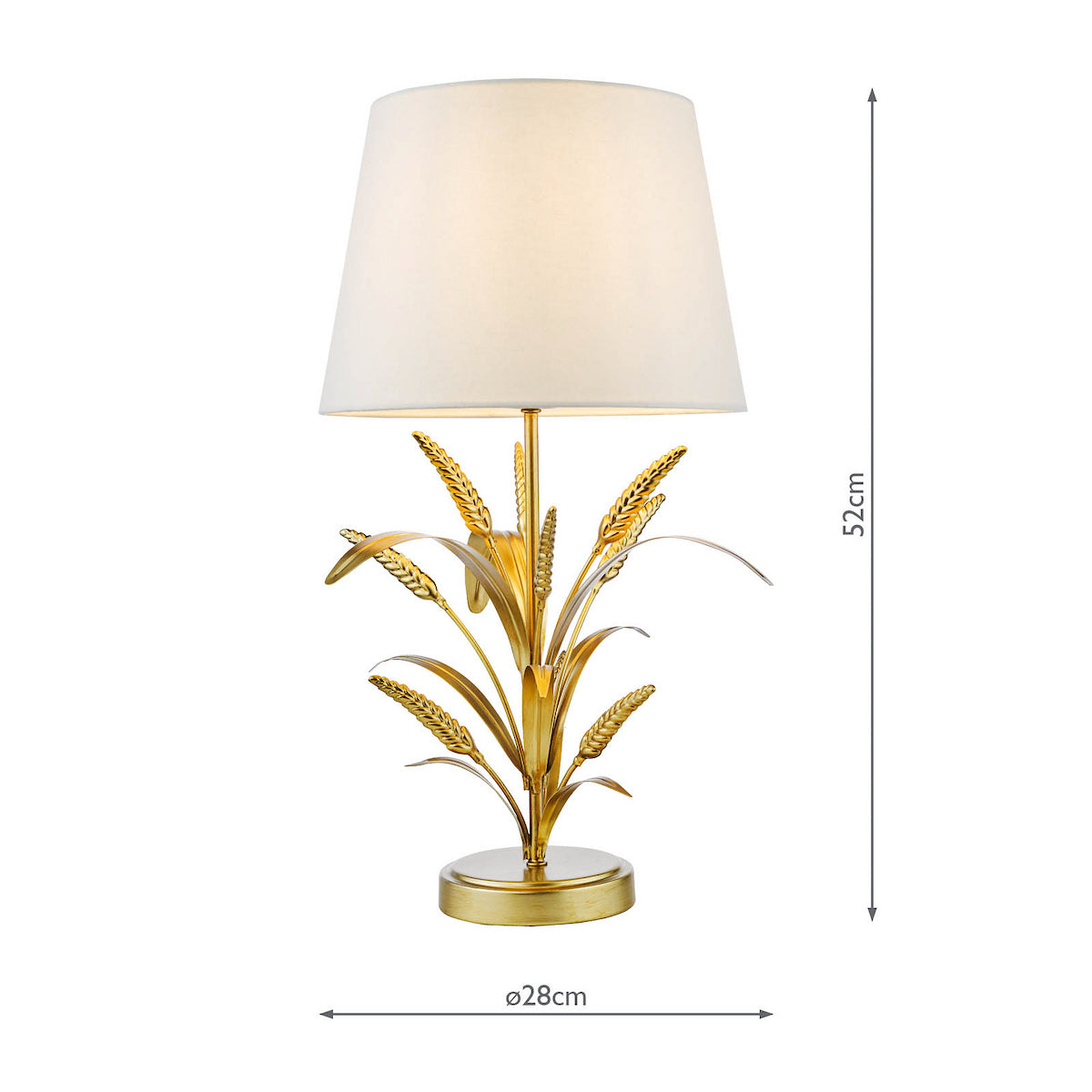 Gold table lamp with a white shade and a base shaped like wheat stalks and ears, with dimensions