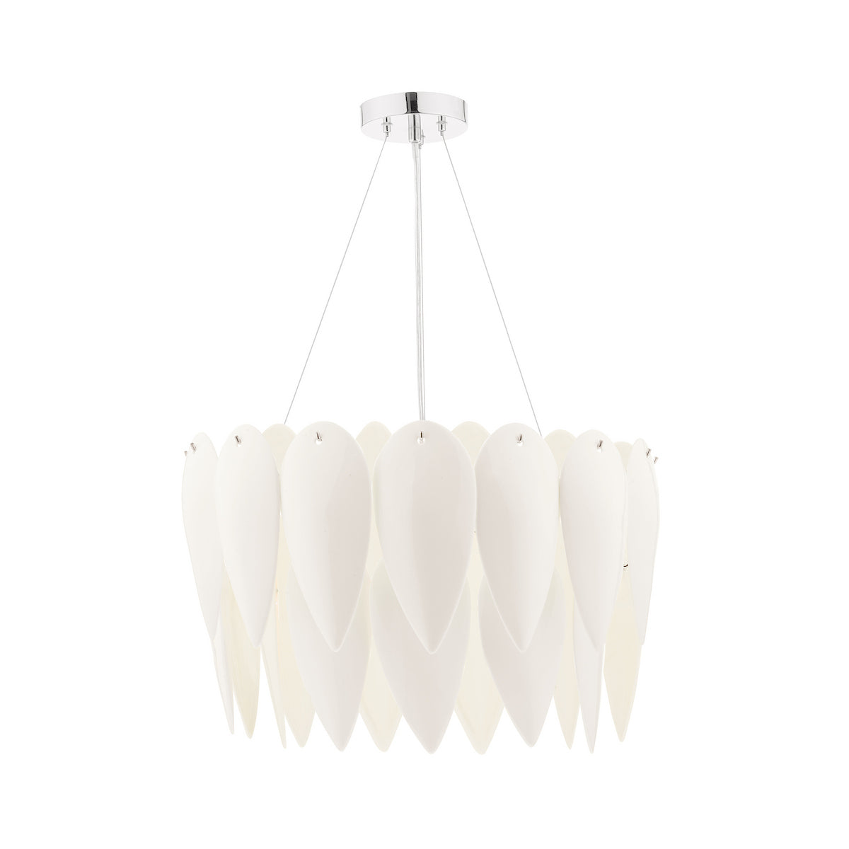White chandelier with layered, teardrop-shaped panels hanging from a chrome base.