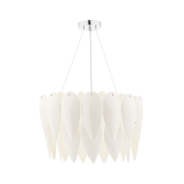 White chandelier with layered, teardrop-shaped panels hanging from a chrome base.