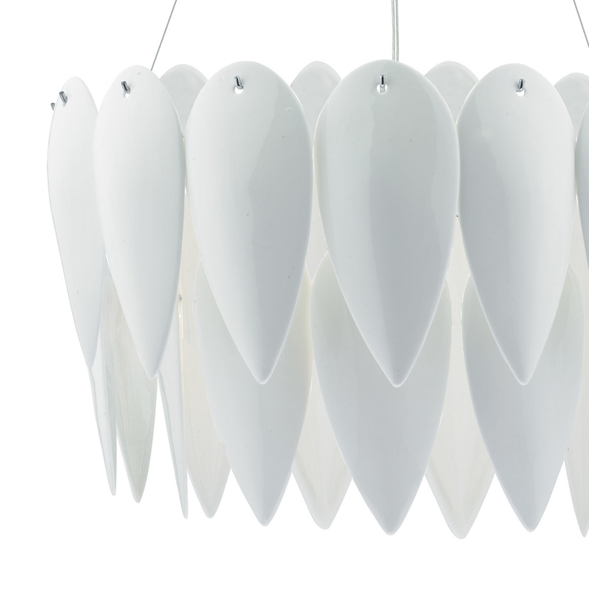 White pendant light with layered, tear-drop shaped shades.