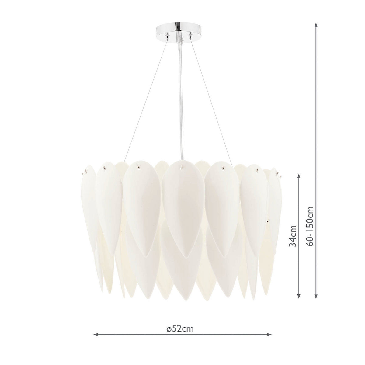 White pendant light with layered, leaf-shaped shades and dimensions.