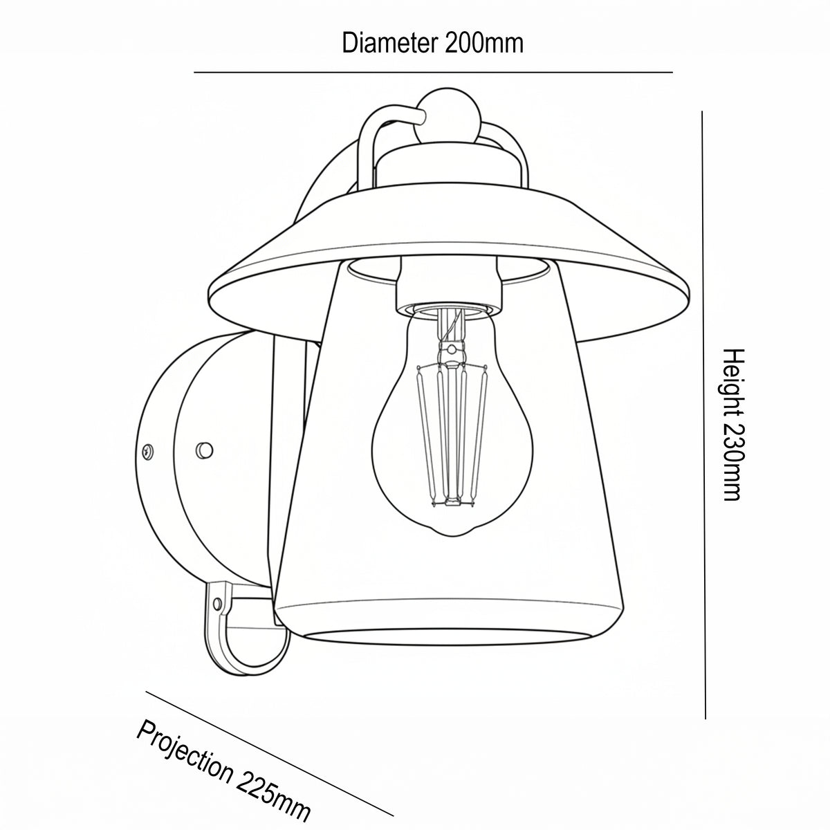 Line drawing of a wall light with a conical shade, showing dimensions: diameter 200mm, height 230mm, projection 225mm.