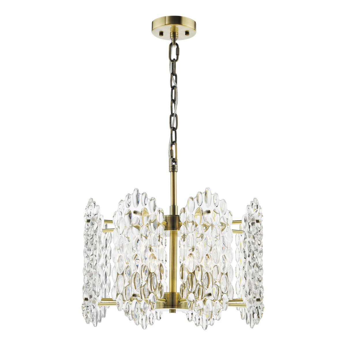 Porthos Eight Light Pendant Chandelier in Antique Brass with Textured Glass