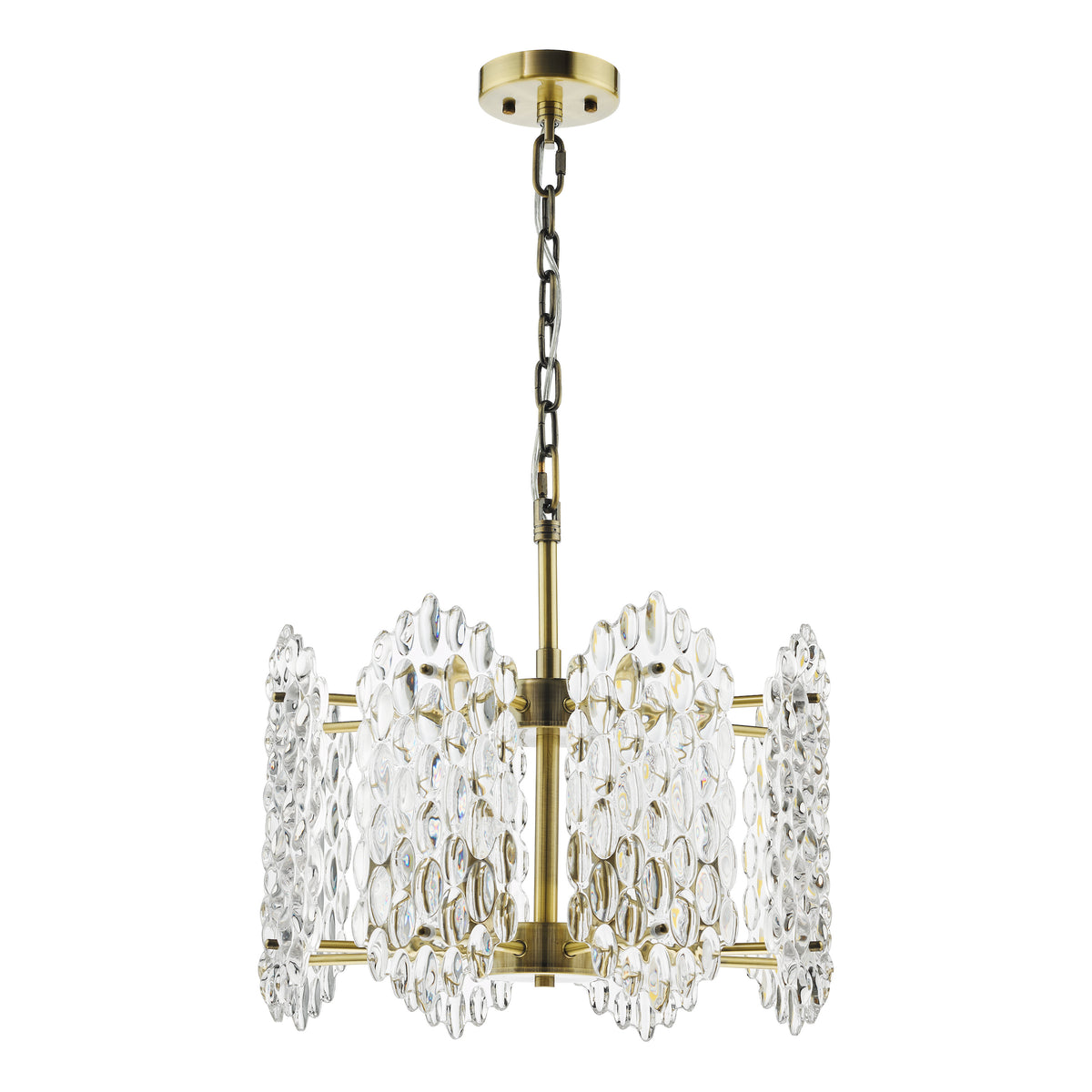 Porthos Eight Light Pendant Chandelier in Antique Brass with Textured Glass