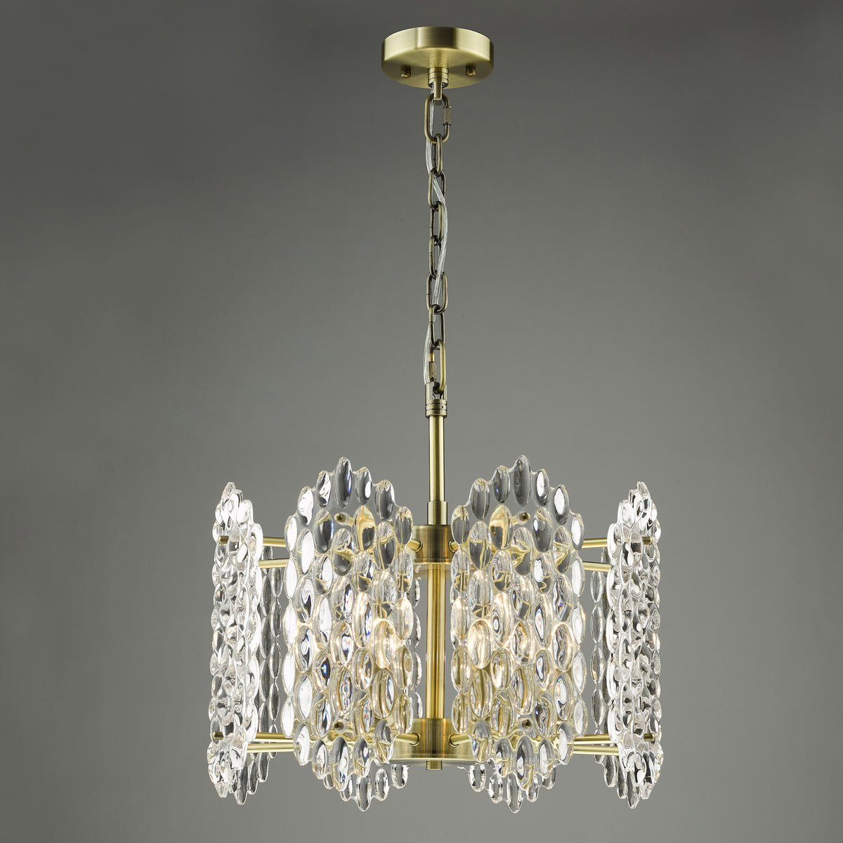 Porthos Eight Light Pendant Chandelier in Antique Brass with Textured Glass