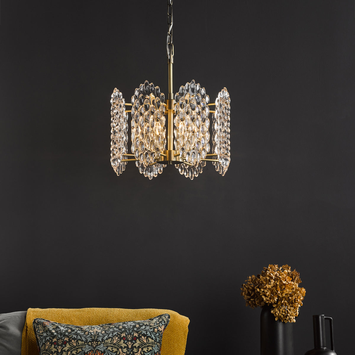 Porthos Eight Light Pendant Chandelier in Antique Brass with Textured Glass